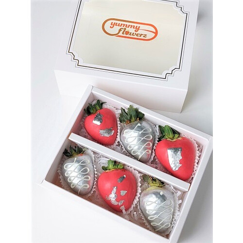 6pcs Red & Silver Chocolate Strawberries Gift Box